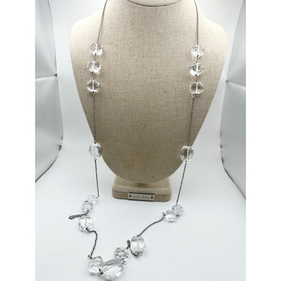 Sterling silver faceted rock crystal station long Necklace 40”